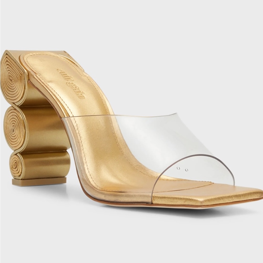 Cult Gaia Peya Vinyl Sculptural-Heel Sandals Size 6, Gold Color